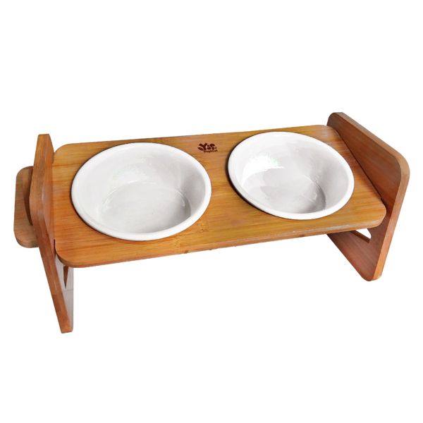JohoE嚴選 職人木匠可調式斜面寵物餐桌附瓷碗-雙碗